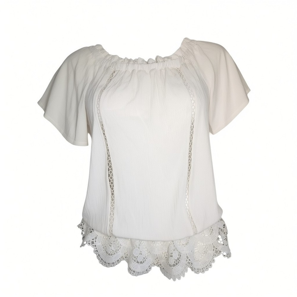 Rue 21 Top‎ Womens Size L Large Off White Short Sleeve Lace Boho Minimalist